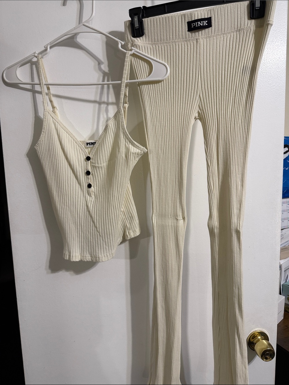 PINK Victoria's Secret Cream Ribbed Tank & Flare Pants Set